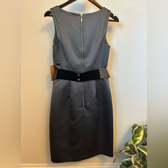 Nue by Shani. Silver V-neck Sleeveless Silver Dress. Bow Belt detail. Size 4 - Picture 5 of 8